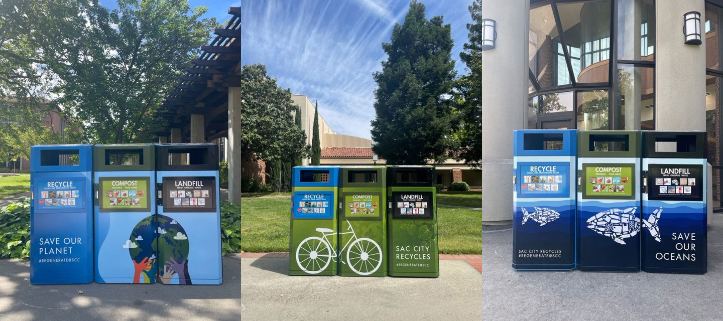 photo of three waste bins outdoors: landfill, compost, and recyle