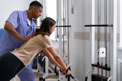 a physical therapist helping a patient with resistance training on a weight machine
