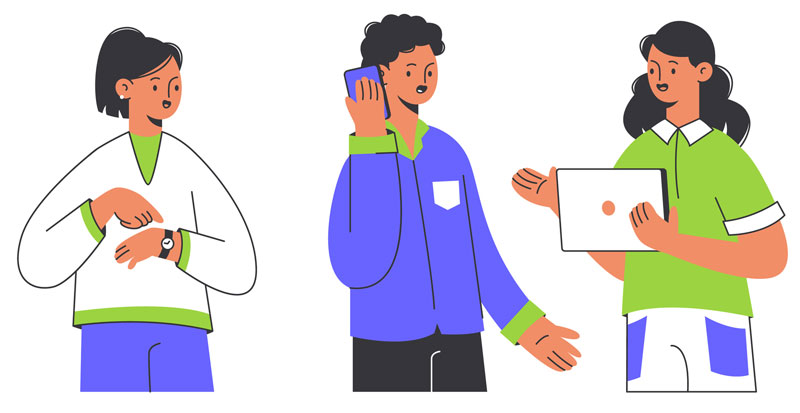illustration of three people communicating with various means