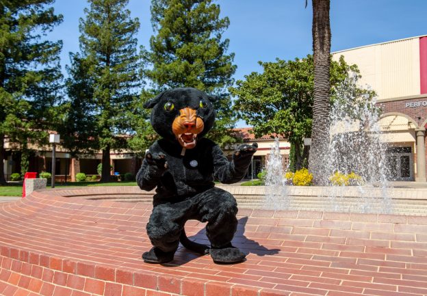 SCC panther mascot crouched on brick fountain