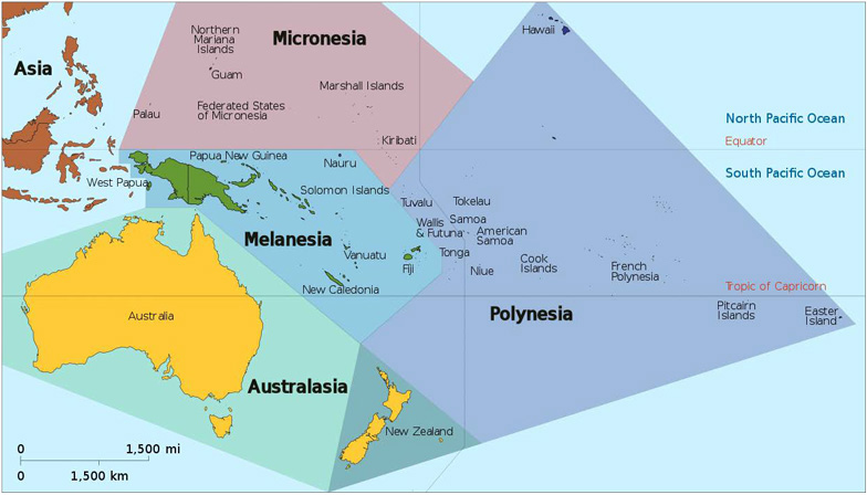 map of Oceania including Micronesia, Melanesia, Australasia, and Polynesia
