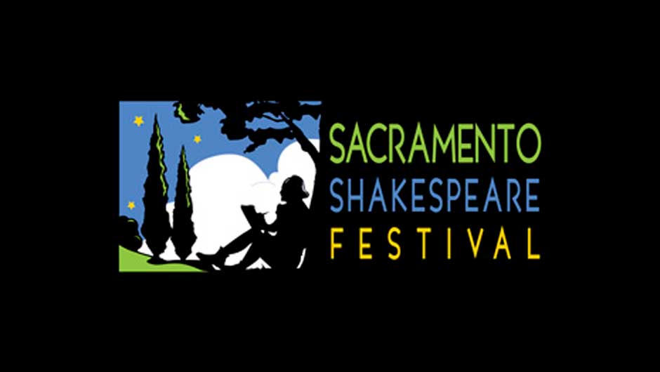 Sacramento Shakespeare Festival logo with the name on the right and an image of a man sitting under a tree with a starry night in the background