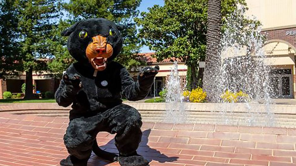 SCC Panther outside the fountain on campus