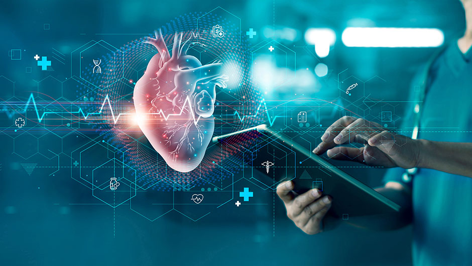 Illustration of a glowing human heart surrounded by calculations with a background of a clinician tapping on a tablet