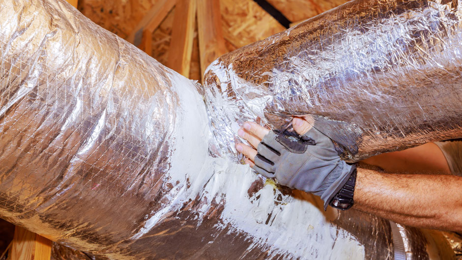 Installation new HVAC ventilation system, air duct pipeline for construction of a new house