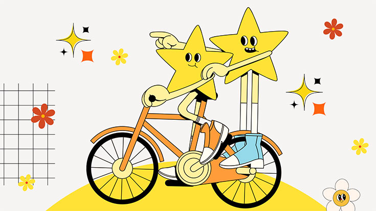 two anthropomorphic star shades riding a bicycle