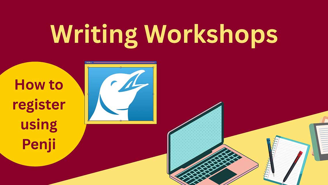 Writing Workshop instruction front page. How to register using Penji. Penji app logo.
