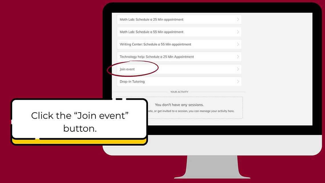 Click the ‘Join event’ button. Screenshot of Penji student homepage showing different options.