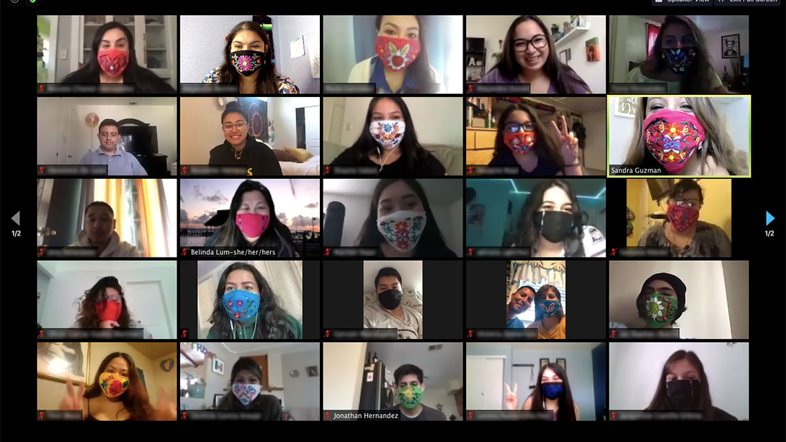 RASA Center students on a zoom call, many wearing decorative cloth masks