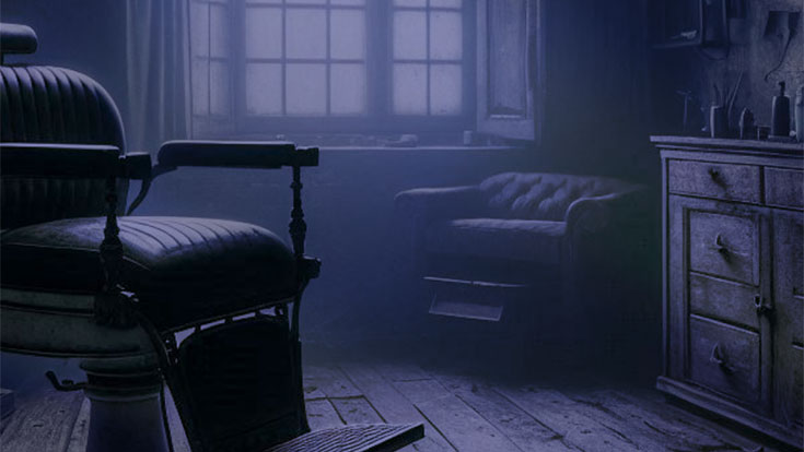 Eerie image of a barber chair in a dim room with a window and sideboard