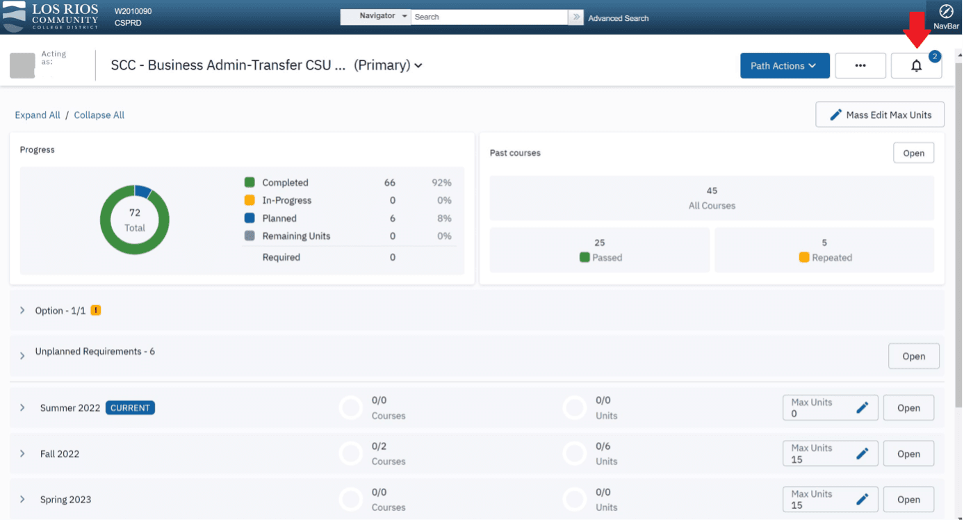 Screenshot of Degree Planner with the bell icon highlighted