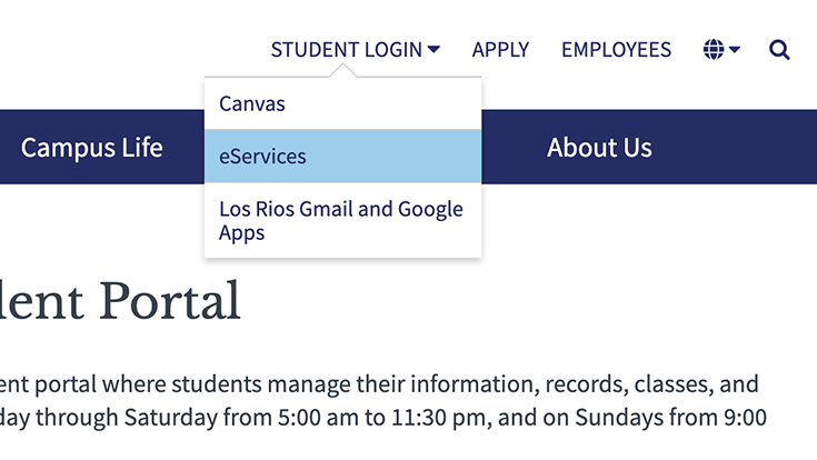 Screenshot of eServices link under Student Login drop-down menu