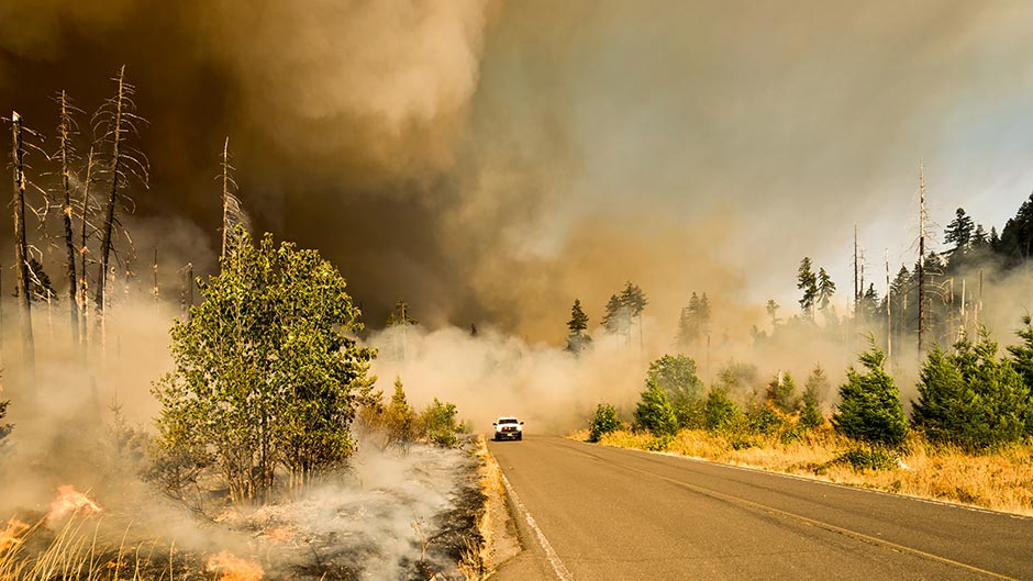 A truck driving down a rural road surrounded by wildfire smoke